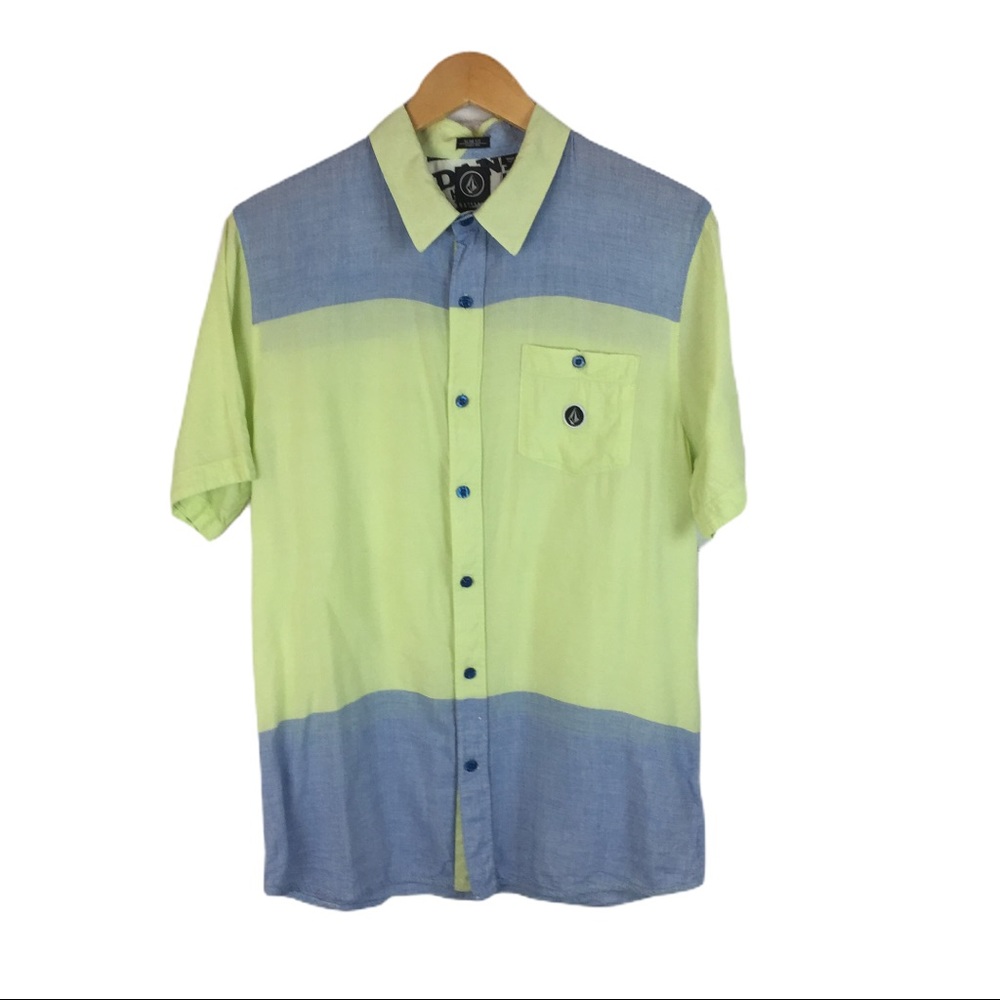 VOLCOM SS BUTTON UP LIME GREEN & DENIM BLUE MENS LARGE SLIM FIT SURF SKATE BRAND